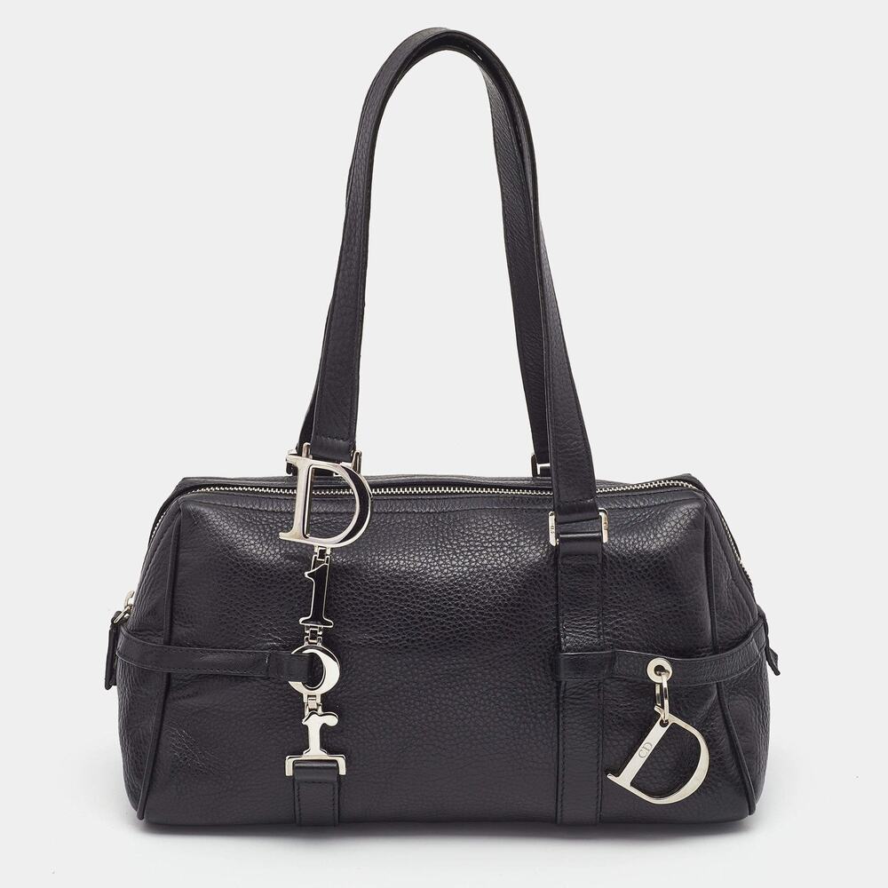 VTG Christian Dior Women's Black Calfskin Leather Logo-Charm Boston Shoulder Bag